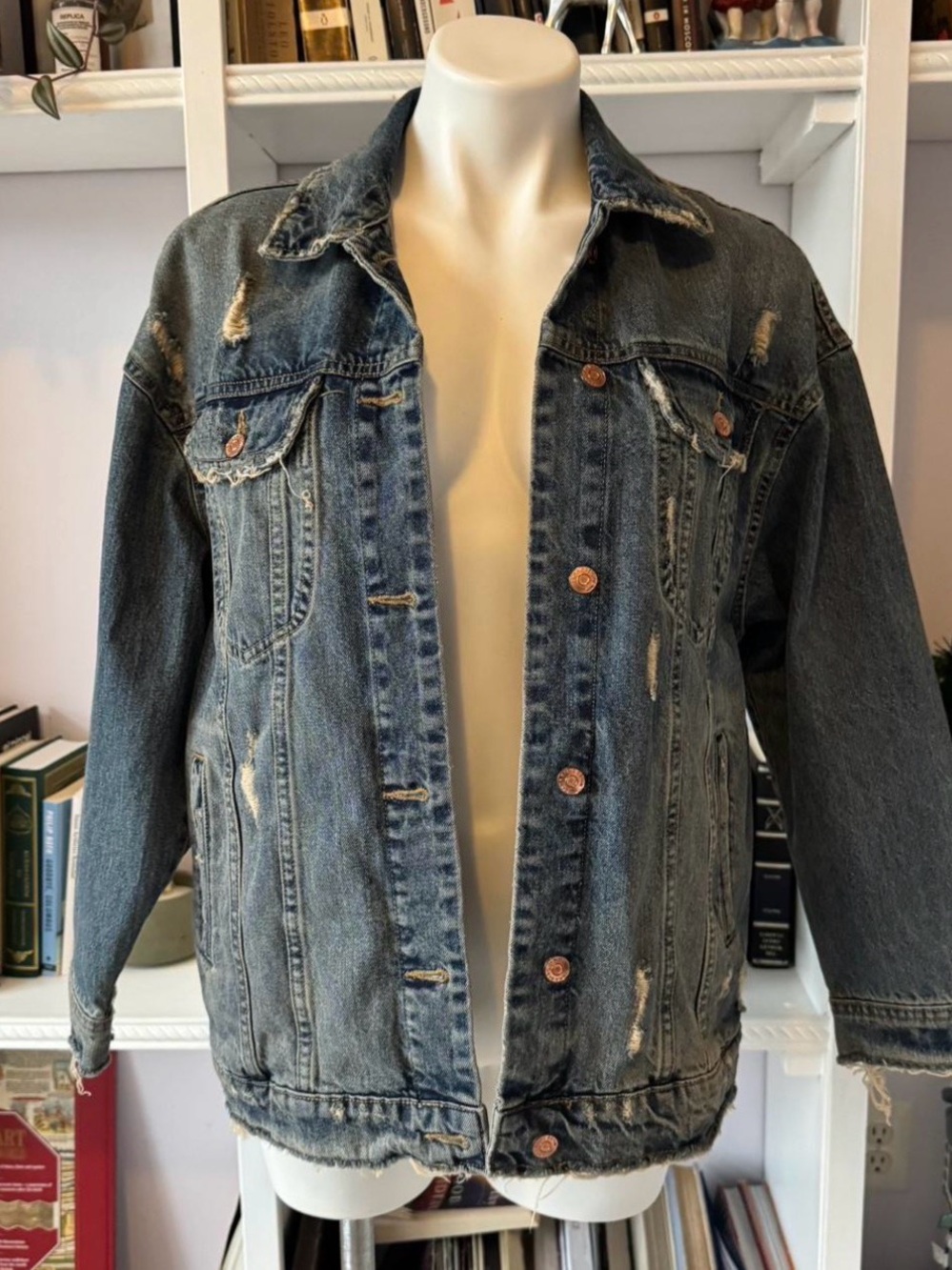 Zara Distressed Denim Jacket - Dark Blue